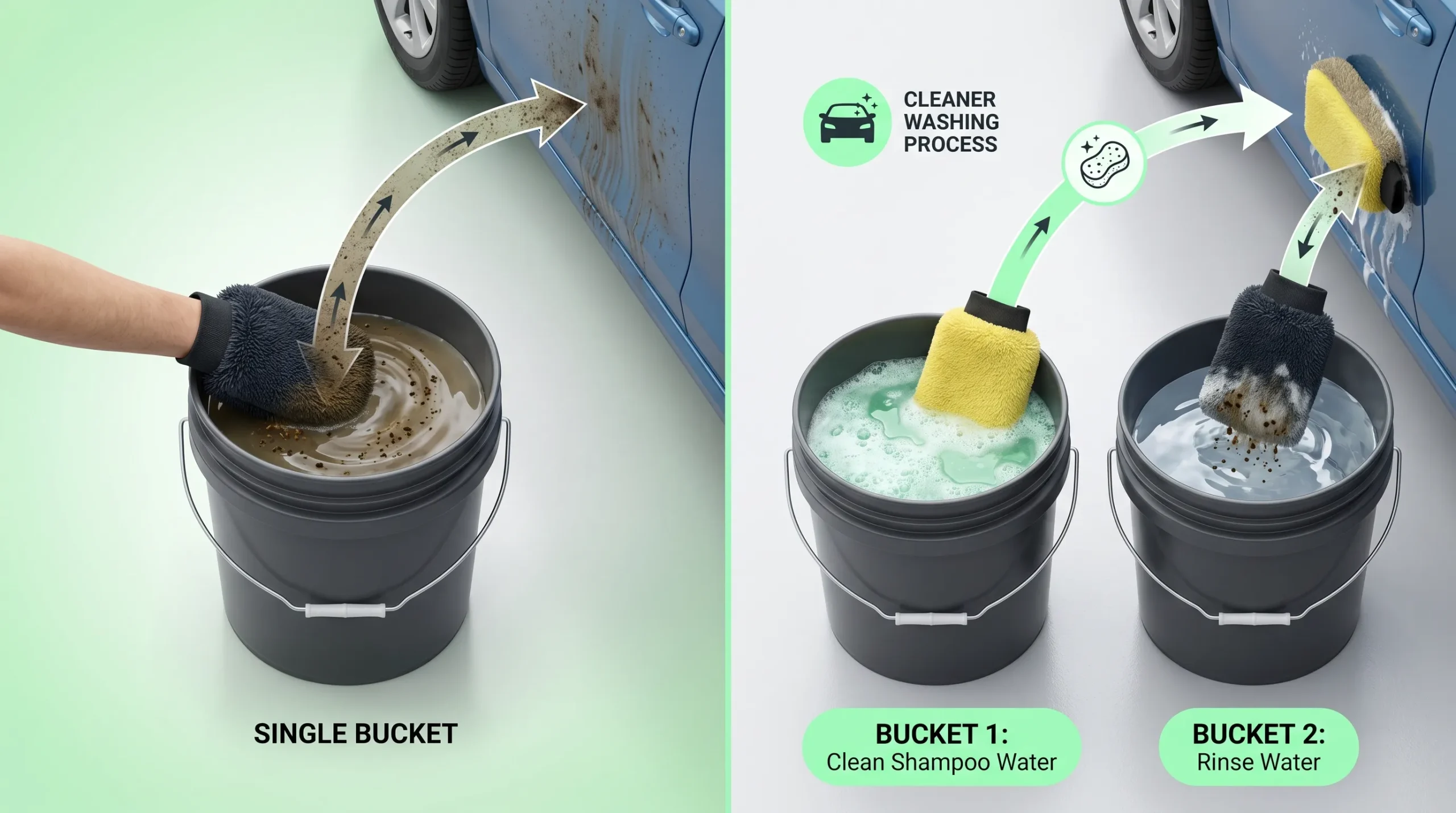 Common Car Washing Mistakes That Damage Your Car Paint (And How to Avoid Them) One Bucket vs Two Bucket Method scaled