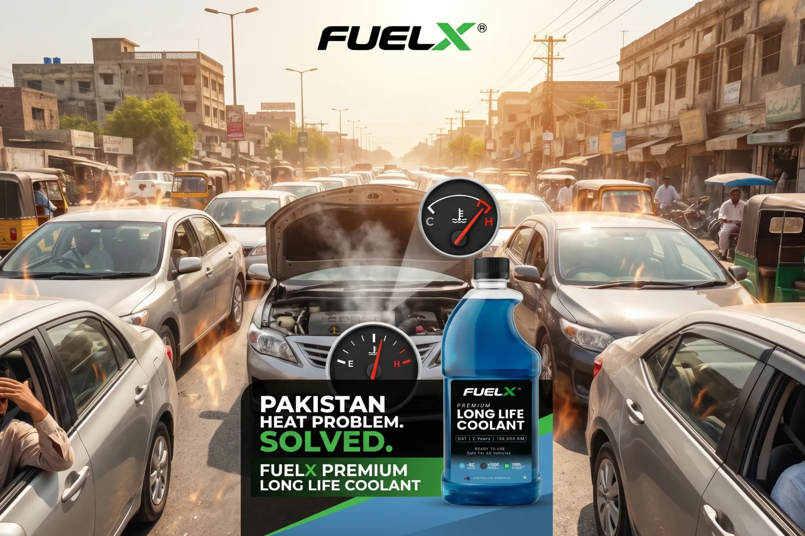 Best Coolant for Cars in Pakistan (Complete Guide 2026) Car overheating in Pakistan summer traffic