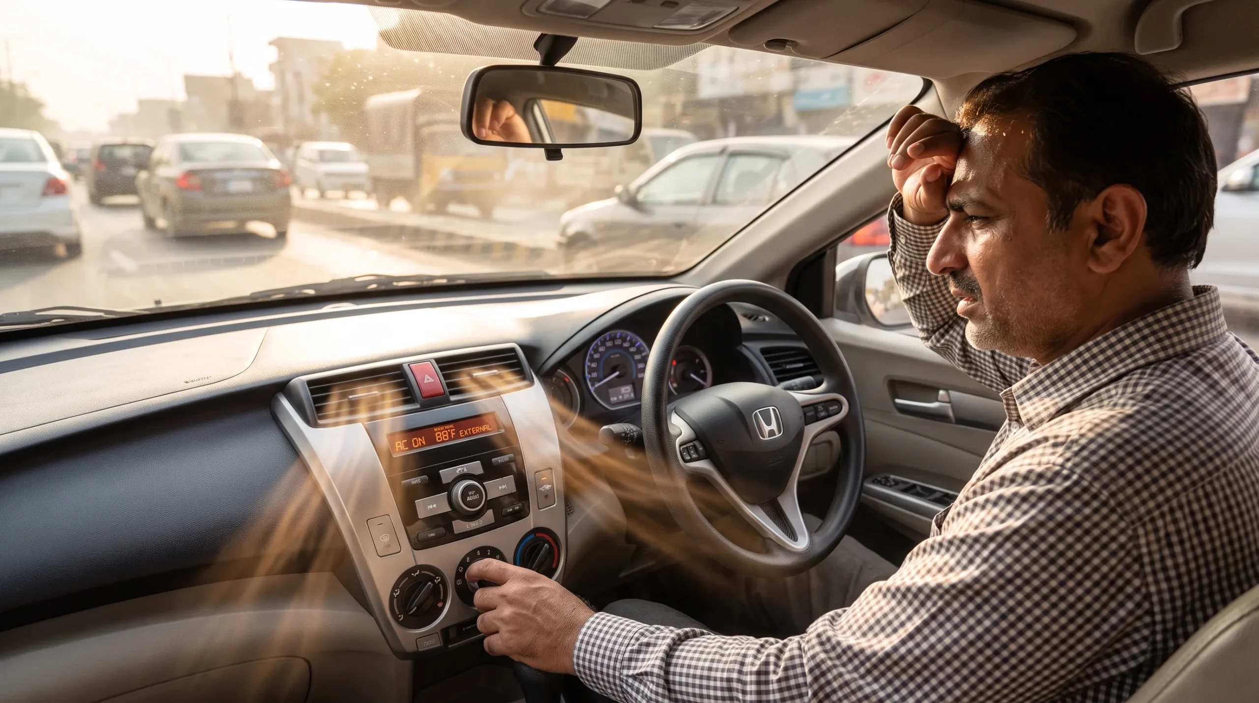 Driver experiencing warm air from car AC during hot summer weather