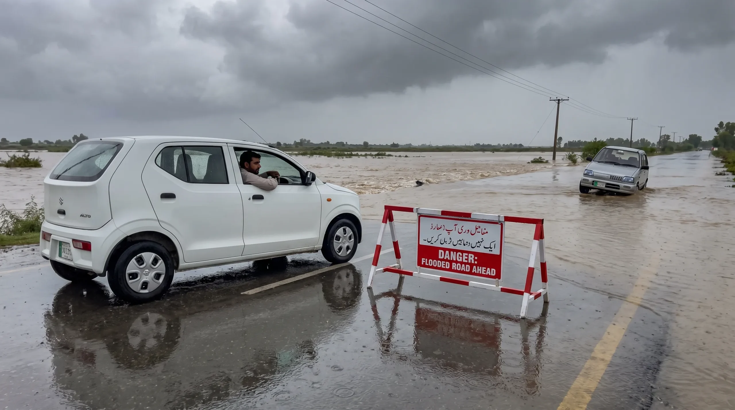 Car stopping before a flooded road during heavy rainfall