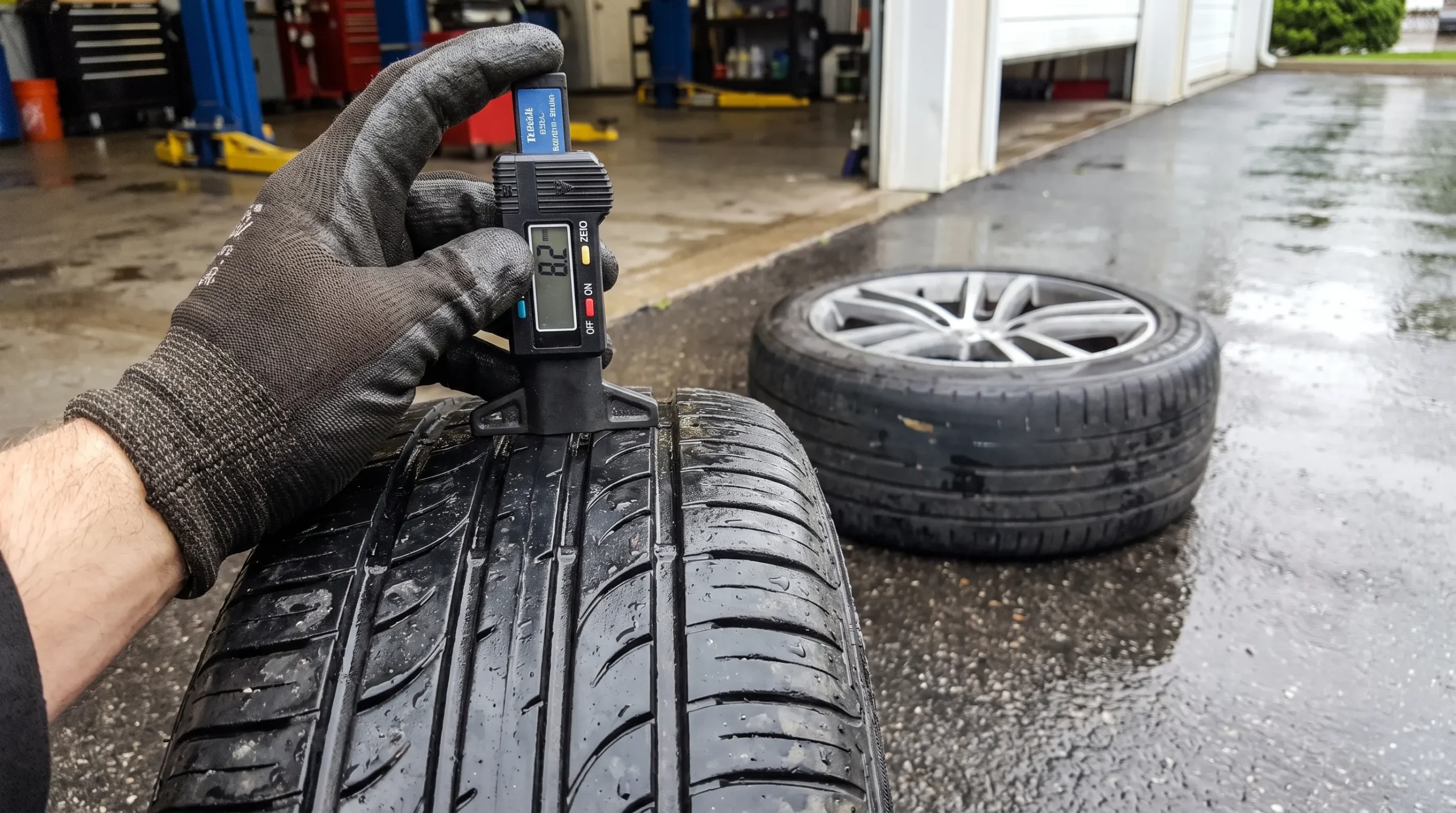 Checking tire tread depth before driving in rainy weather