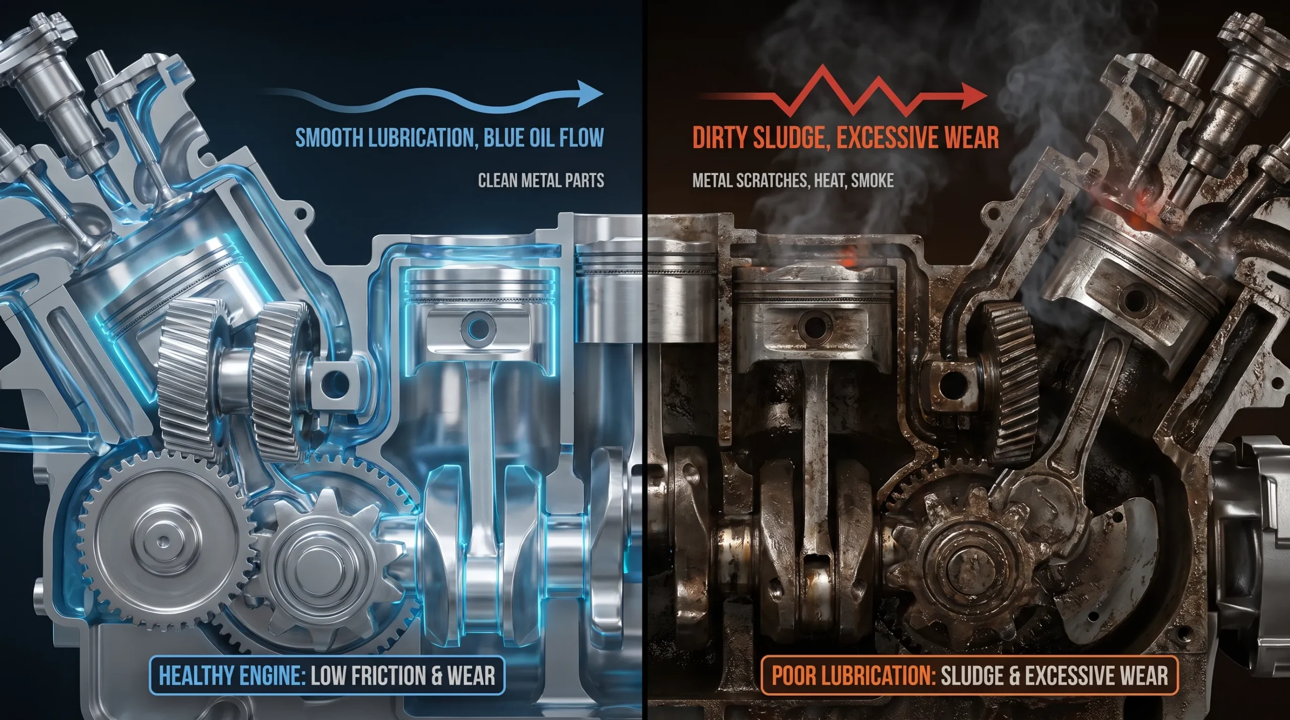 How to Choose the Right Engine Oil for Your Car in Pakistan (Complete 2026 Guide) Comparison of engine condition using correct and incorrect engine oil