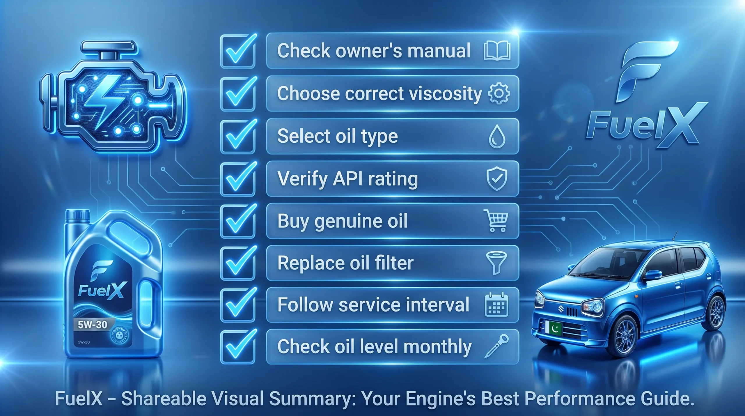 How to Choose the Right Engine Oil for Your Car in Pakistan (Complete 2026 Guide) Engine oil selection and maintenance checklist infographic