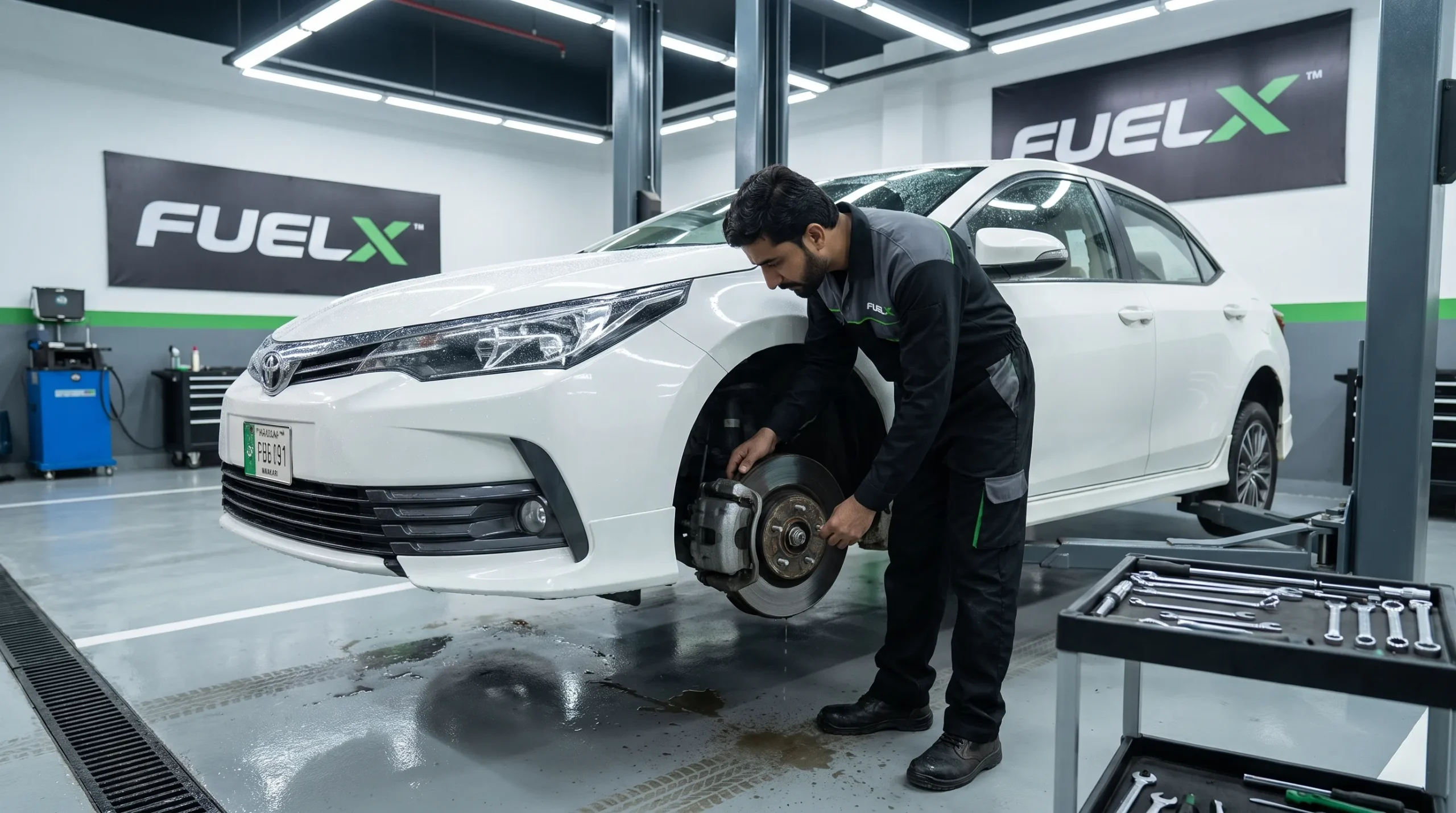 Mechanic inspecting car brakes for rainy season safety