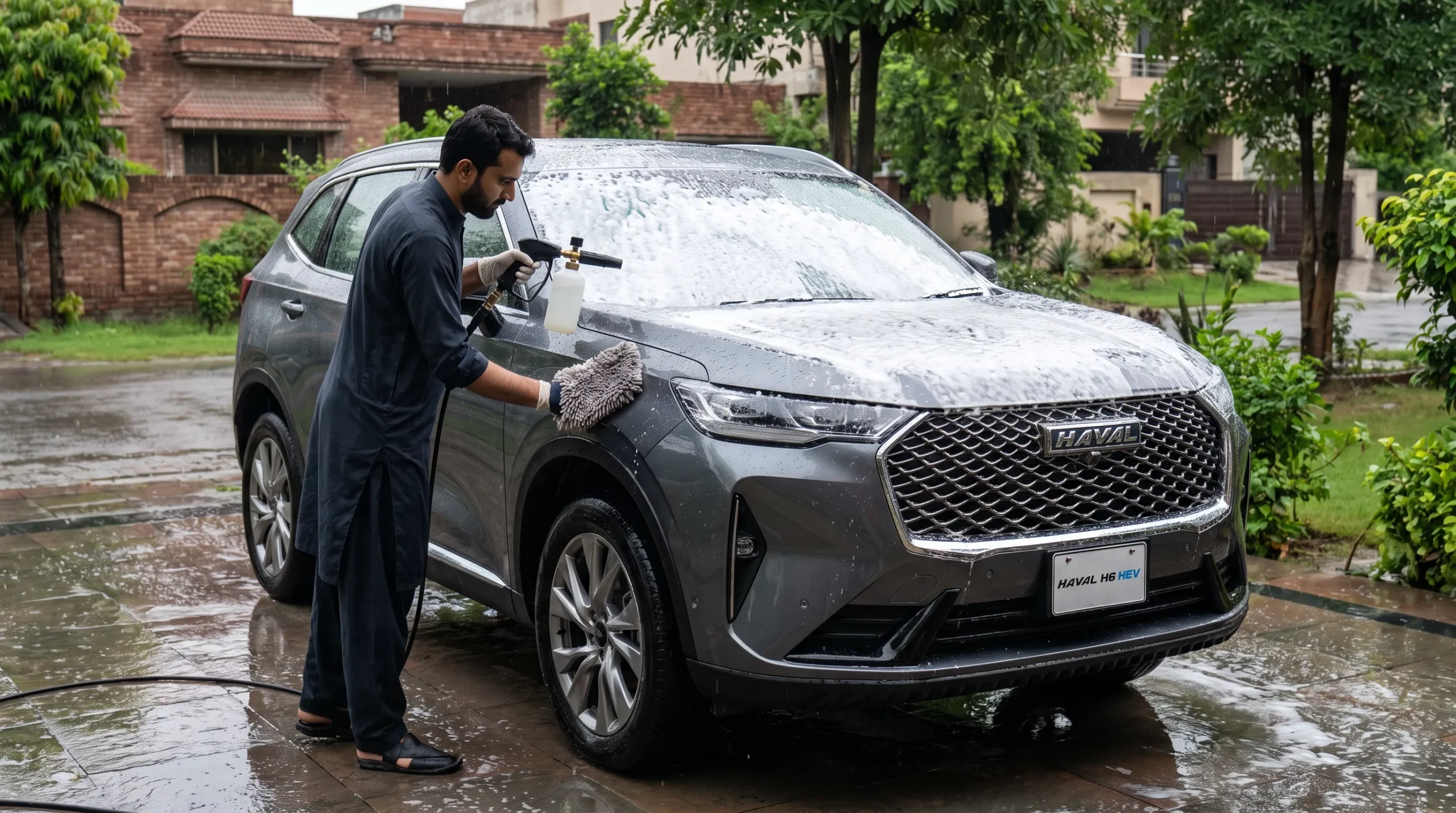 Washing and waxing a car to protect paint during monsoon