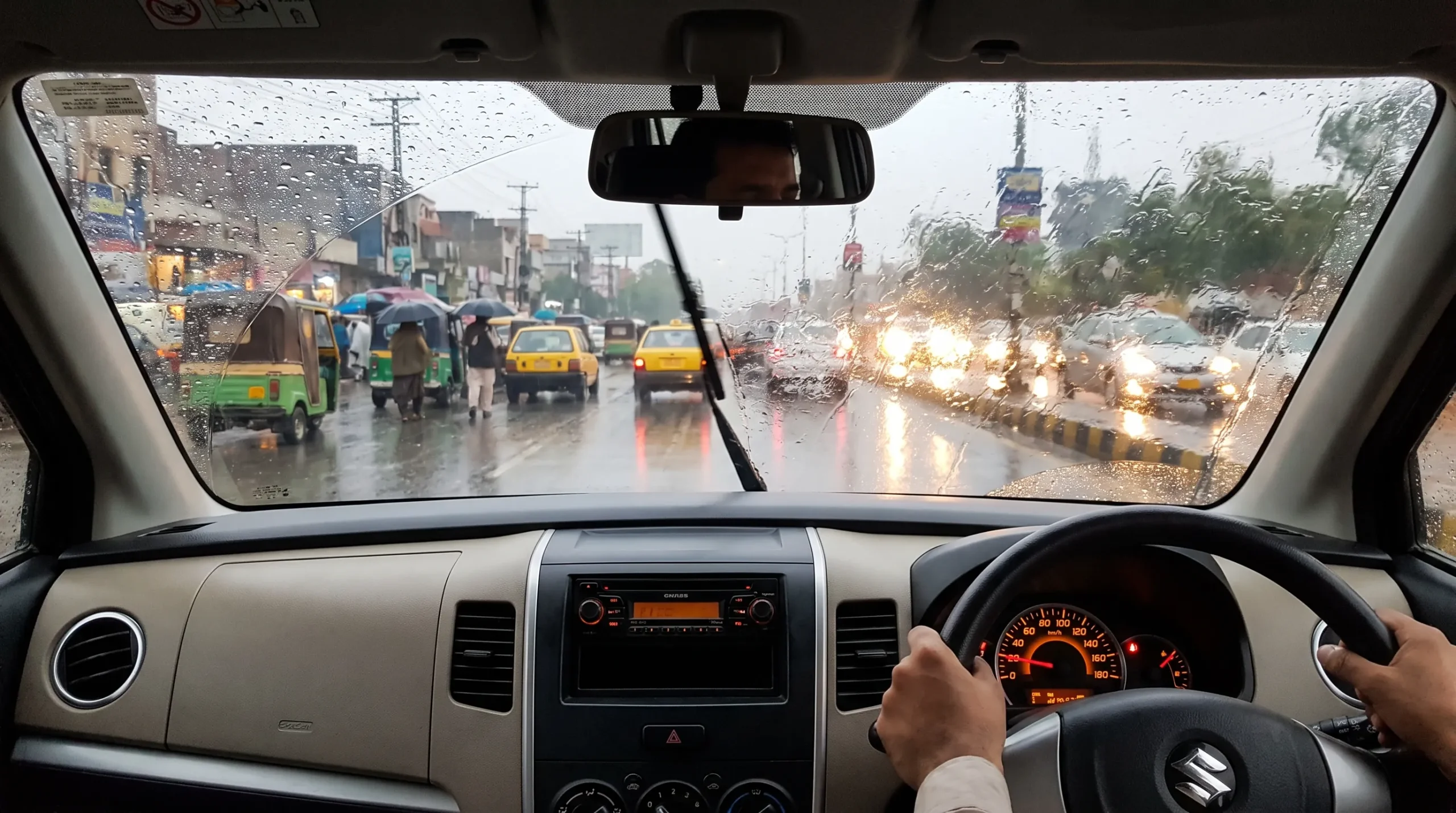 Windshield wipers improving visibility during heavy rain