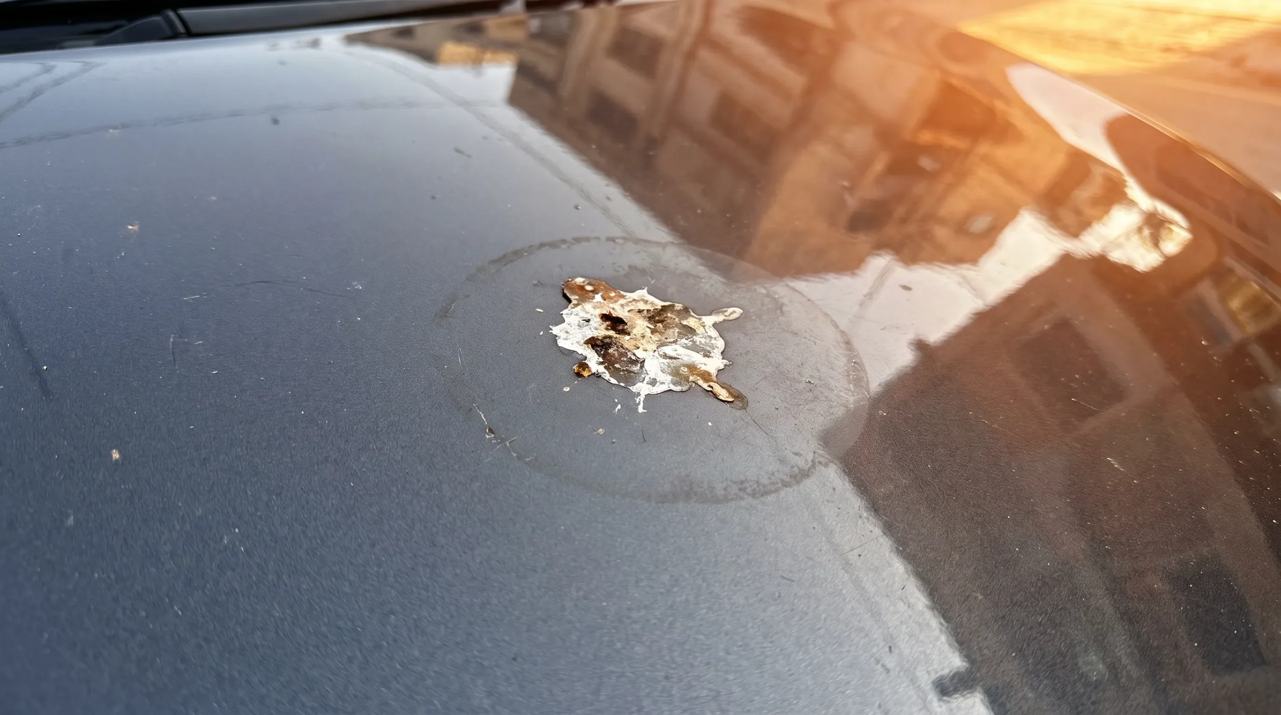 How to Remove Bird Droppings From Car Paint Safely Bird dropping residue on car paint under sunlight