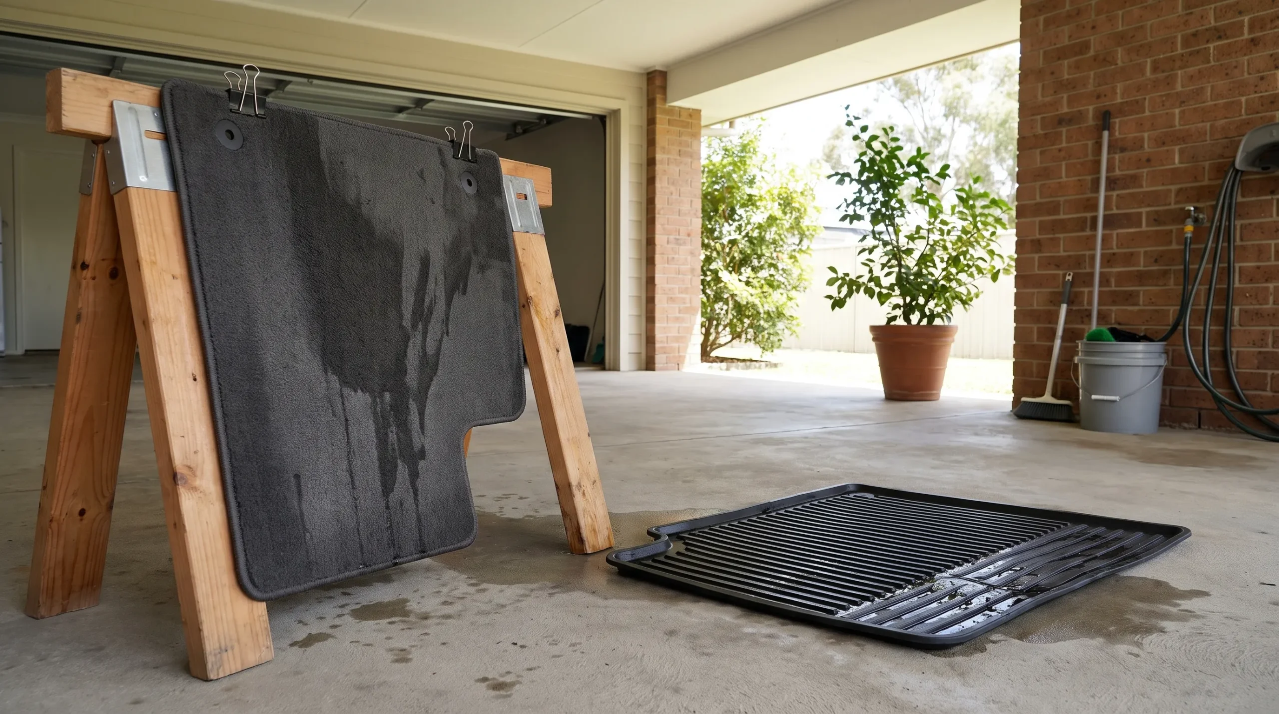 Clean car floor mats drying in a ventilated area scaled