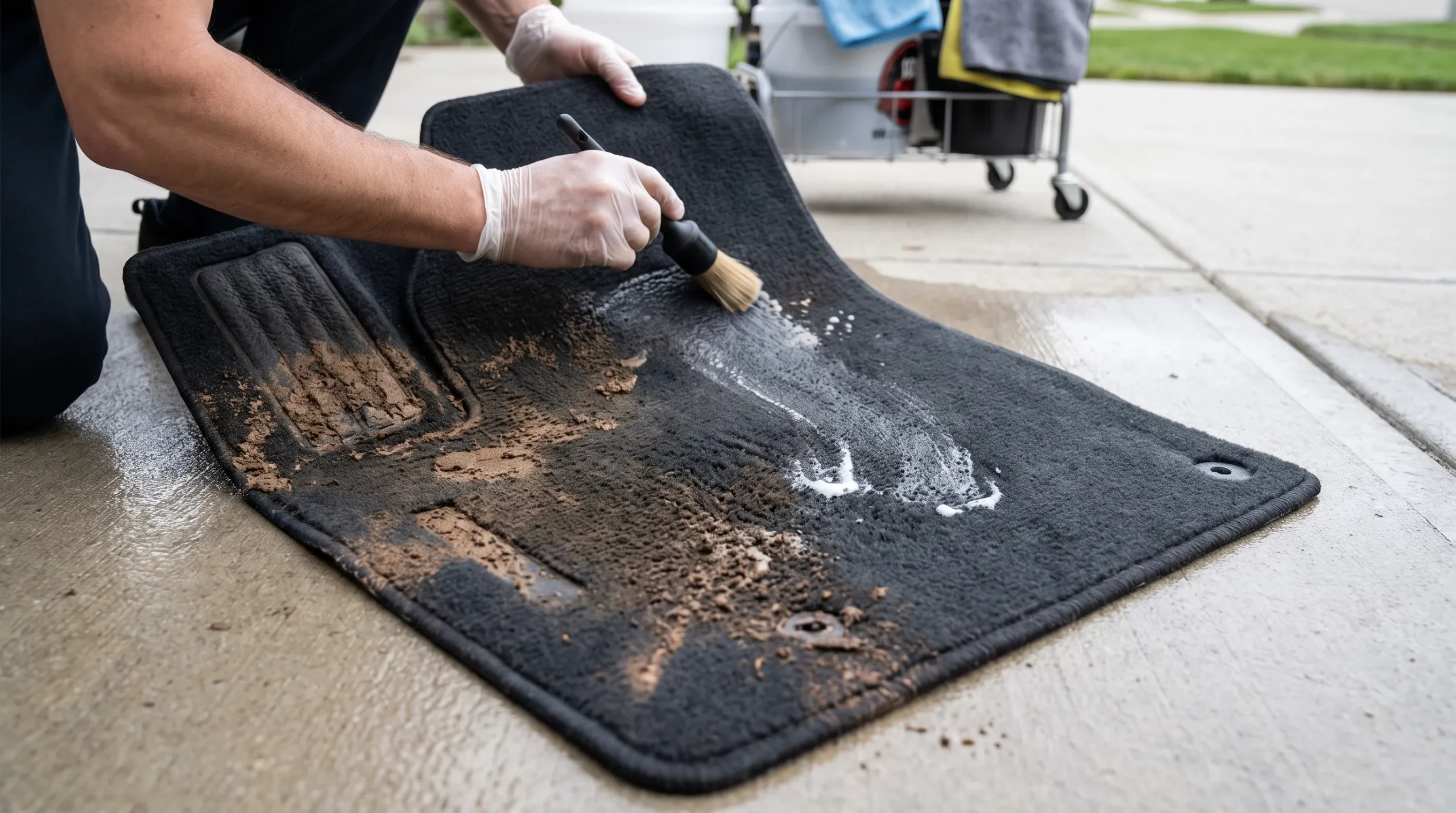 Cleaning a carpet car floor mat after heavy rain scaled