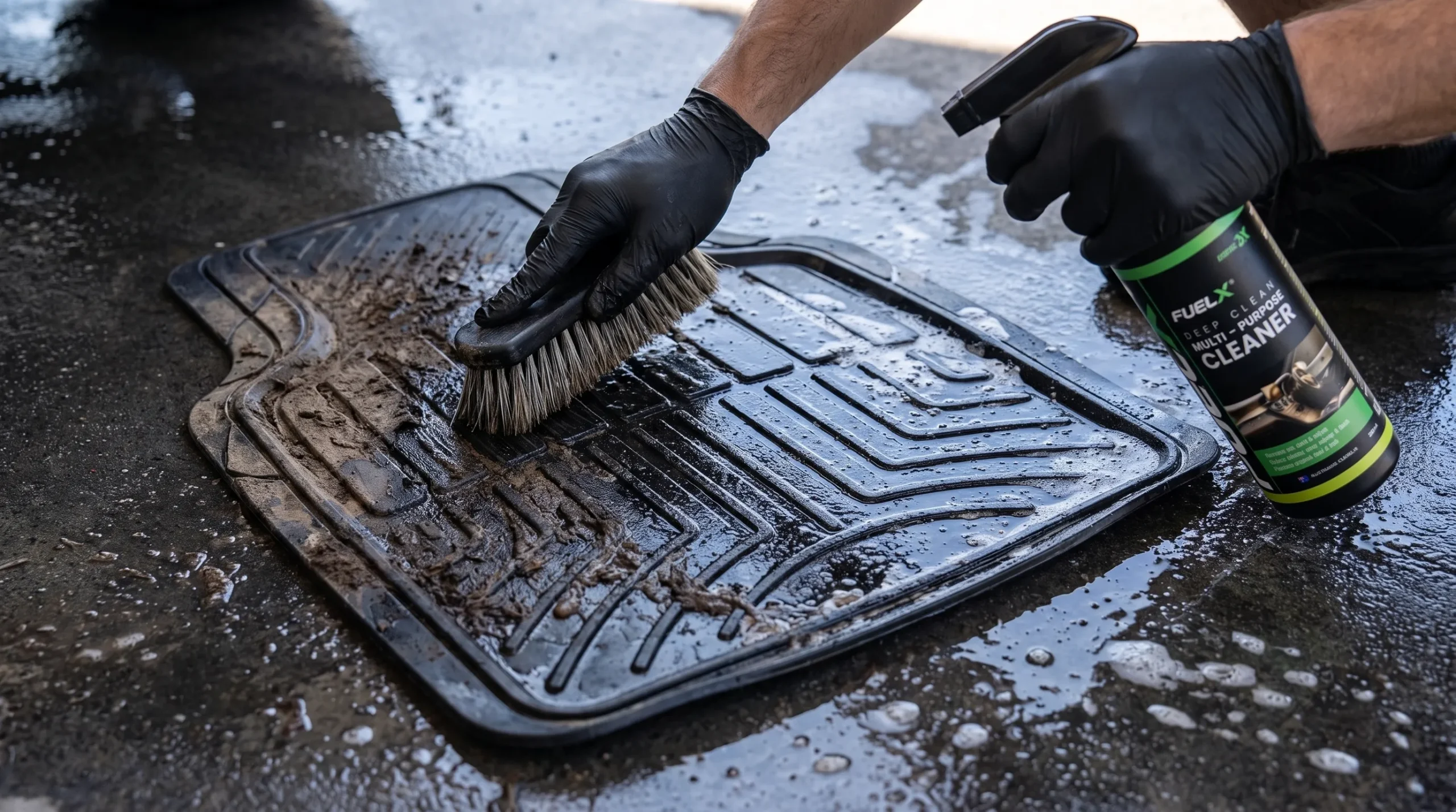 Cleaning a rubber car floor mat with a detailing brush scaled