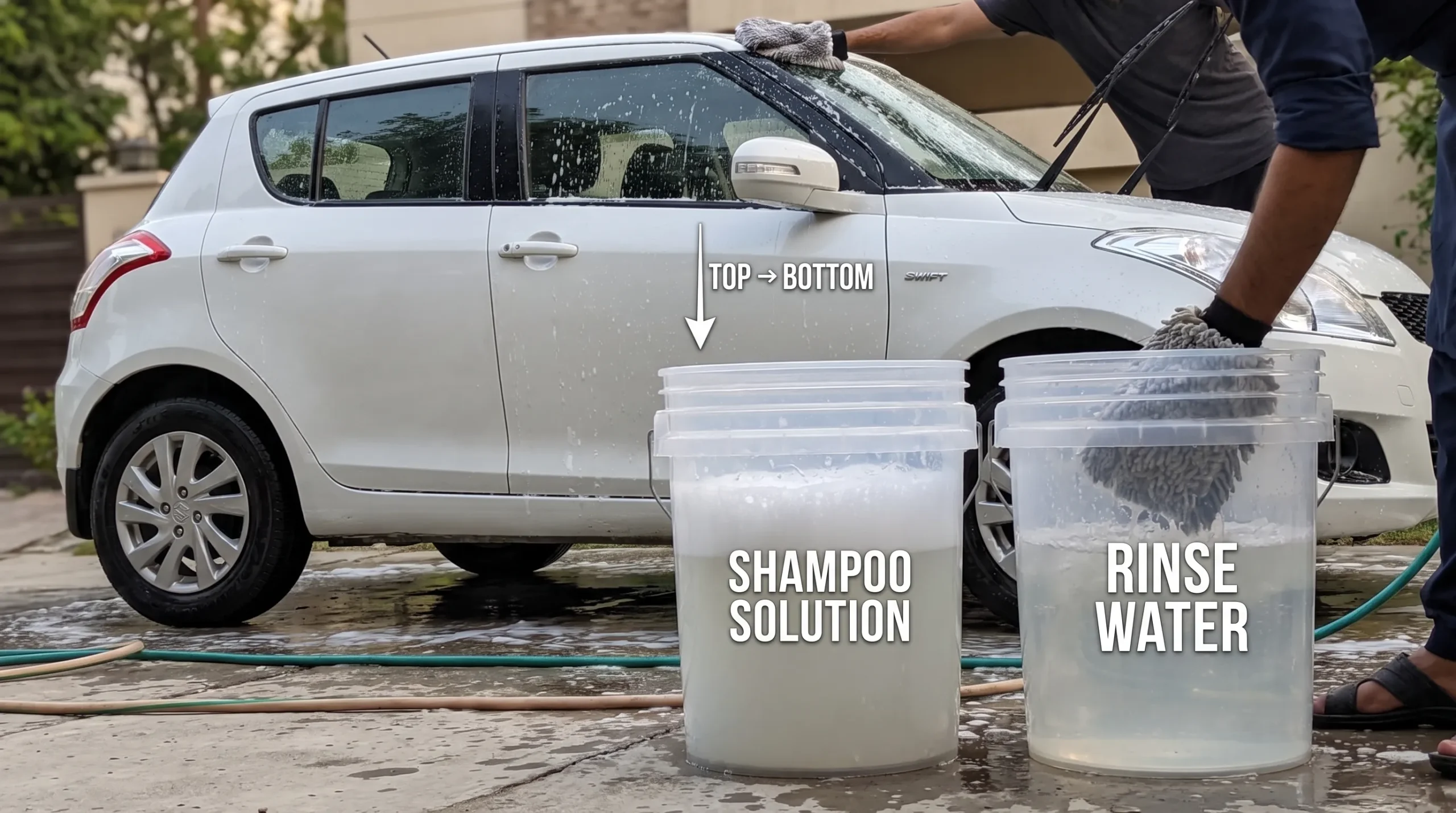 Two-bucket car washing method for removing monsoon road grime