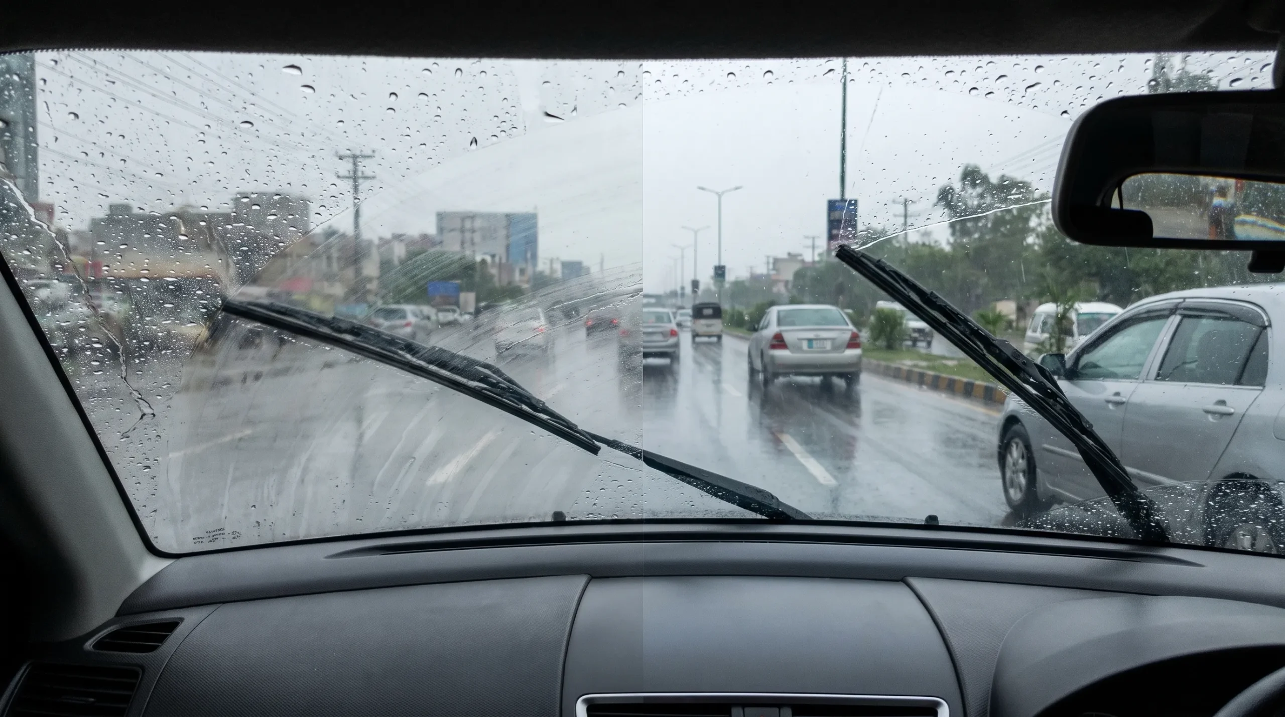 Clean windshield improving visibility while driving during monsoon rain
