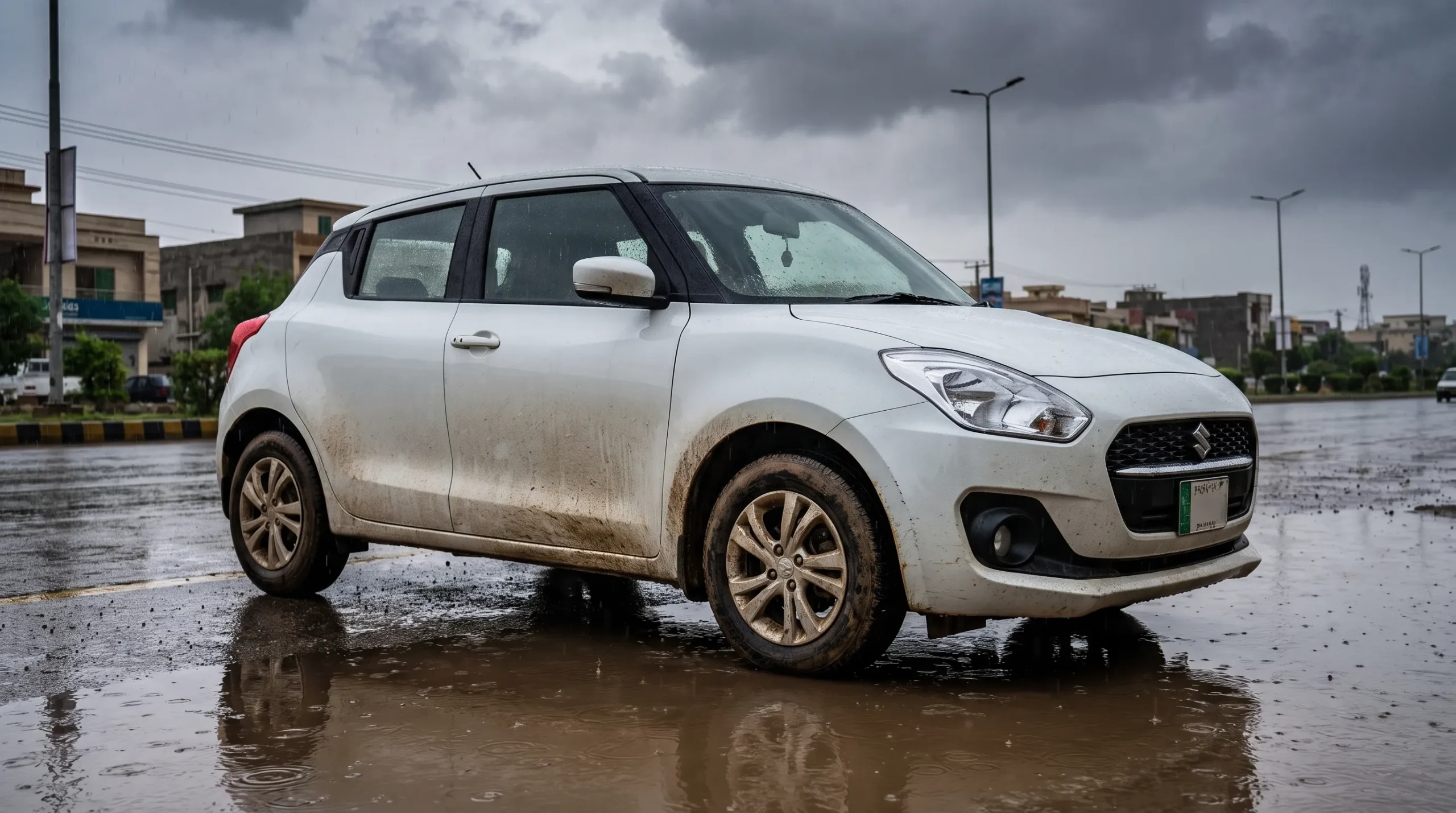 Car covered with monsoon dirt and road grime after driving on wet roads