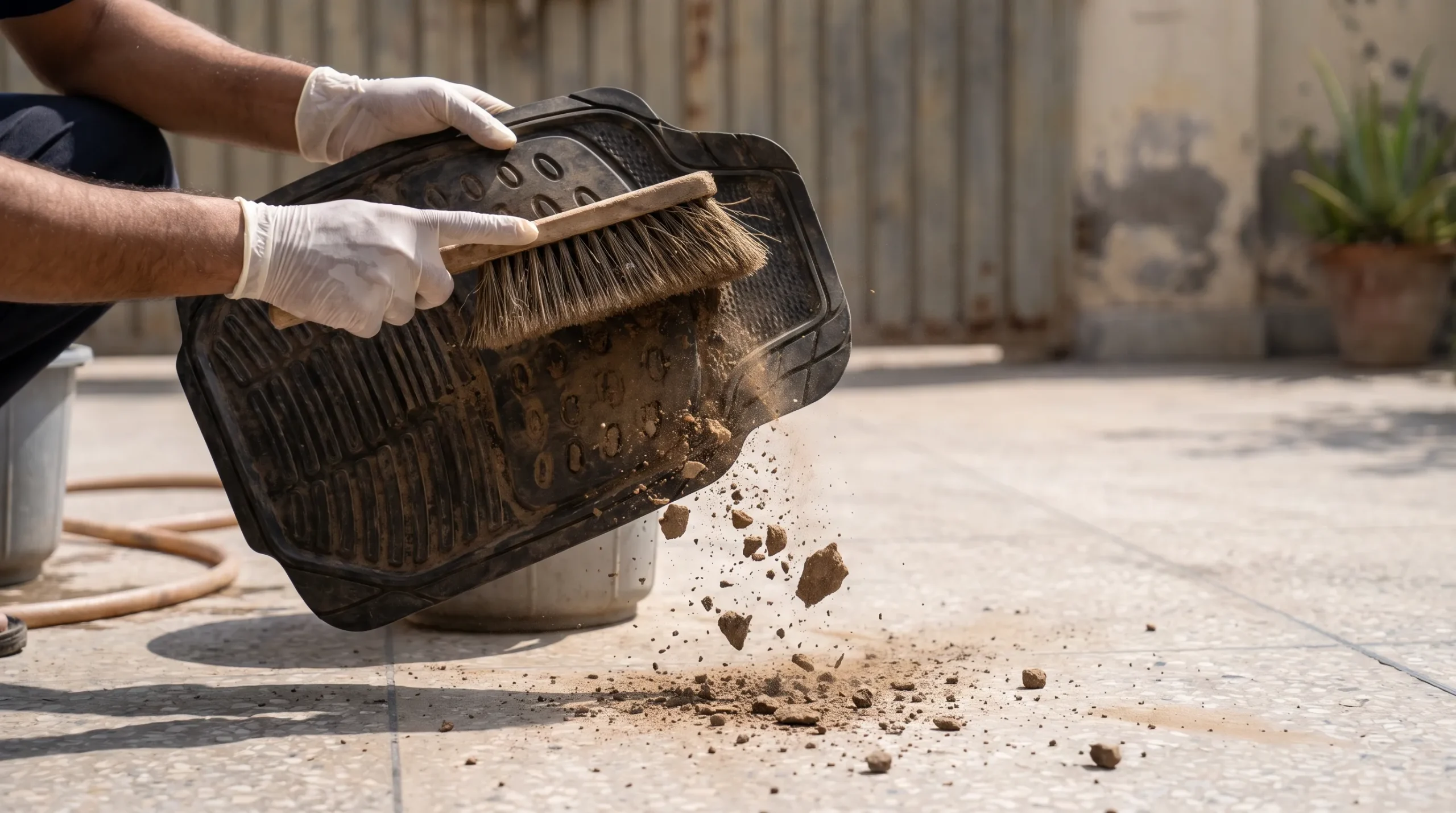 Removing loose mud from a car floor mat scaled