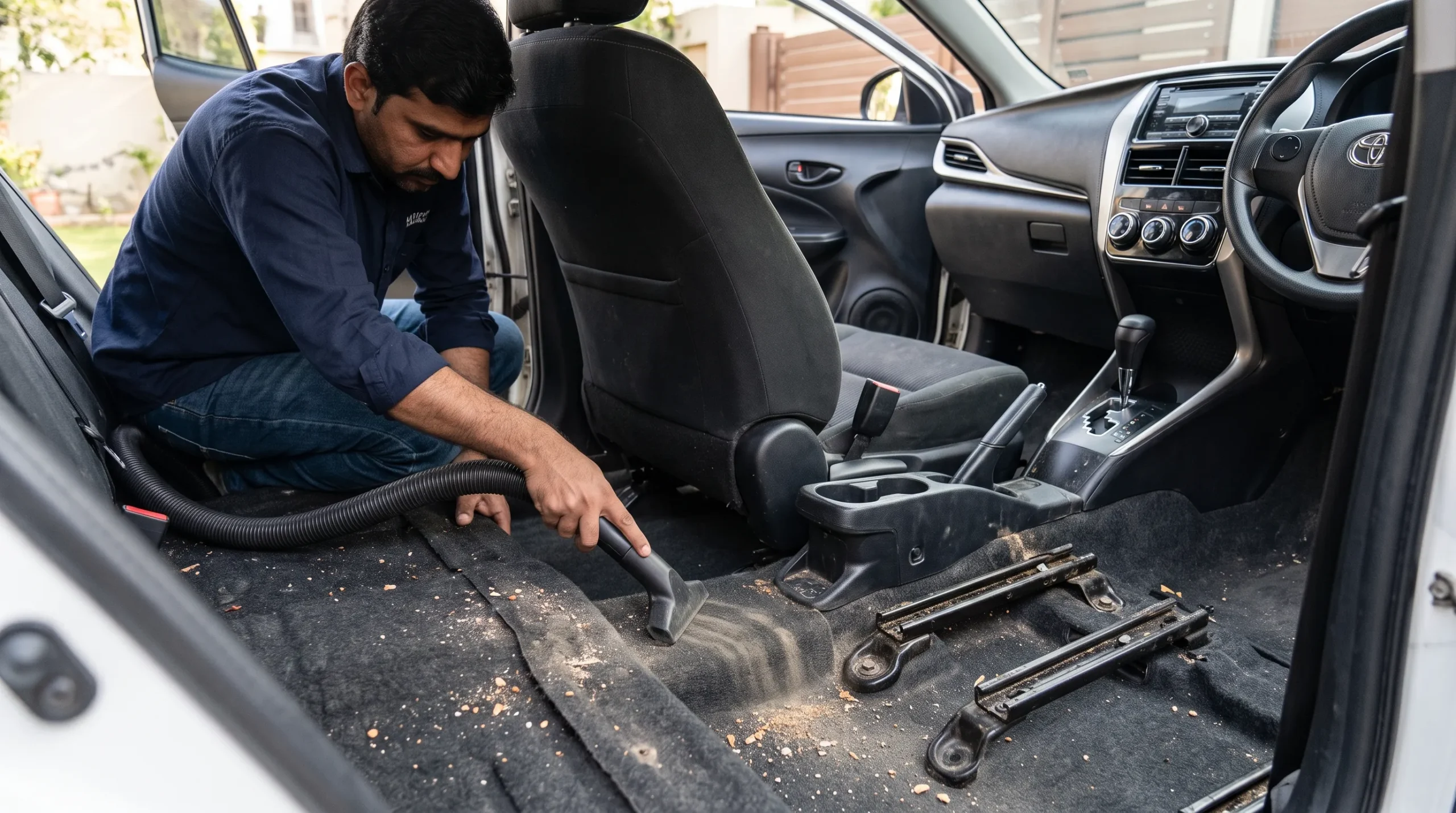 Car Interior Detailing at Home: Step-by-Step Guide Vacuuming dust and dirt from underneath a car seat during interior detailing
