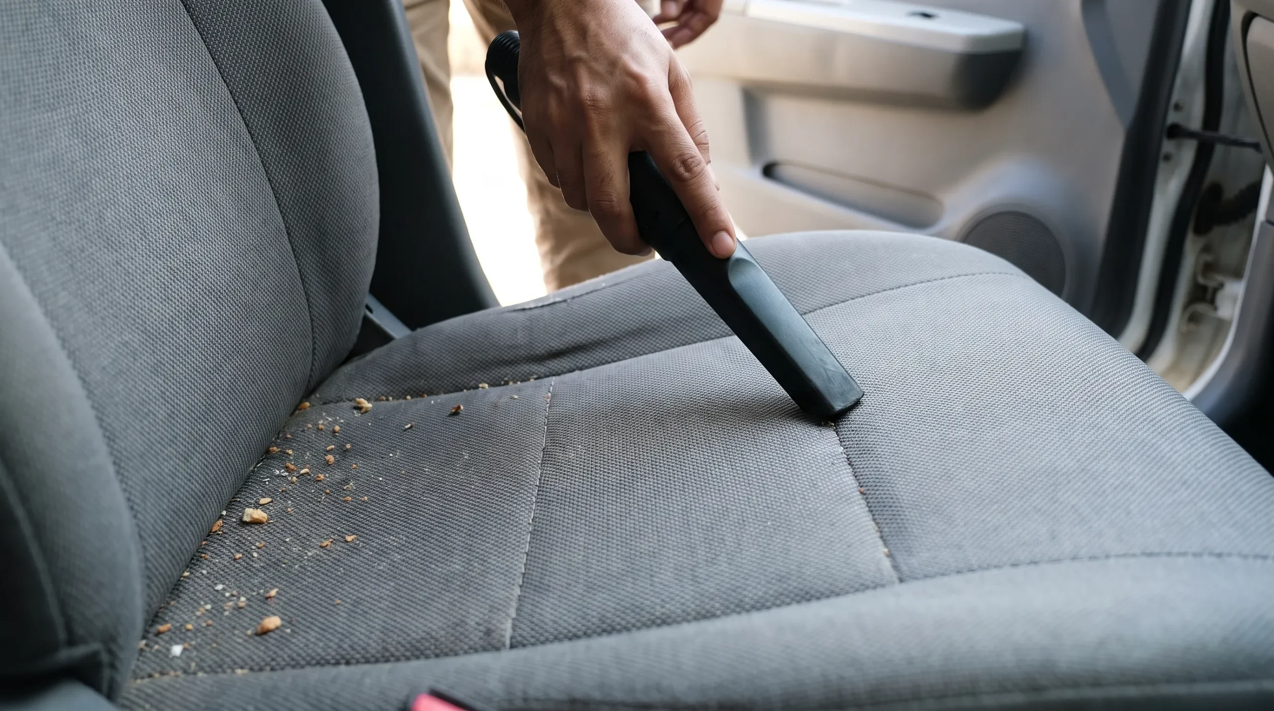 How to Clean Car Seats at Home Without Damaging Them Vacuuming dust and crumbs from a fabric car seat