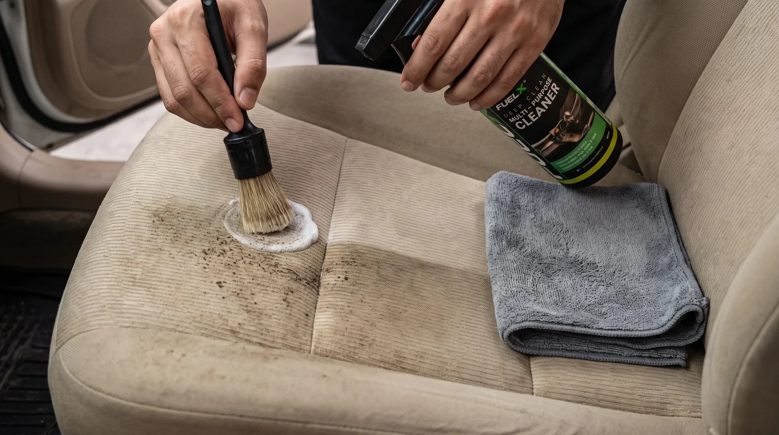 How to Clean Car Seats at Home Without Damaging Them Gently brushing a car seat with automotive interior cleaner