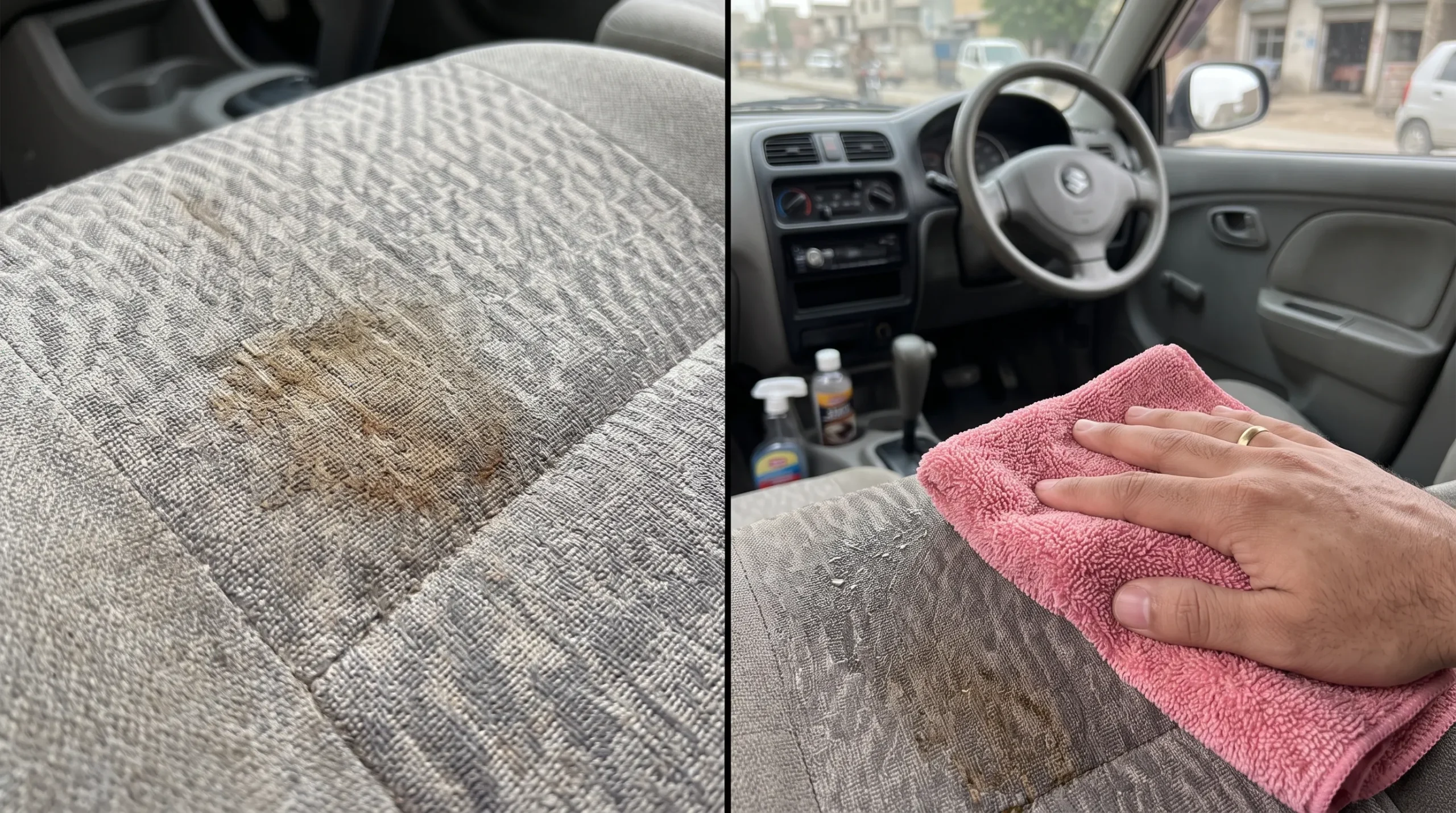 Car Interior Detailing at Home: Step-by-Step Guide Cleaning a fabric car seat during a home interior detailing process