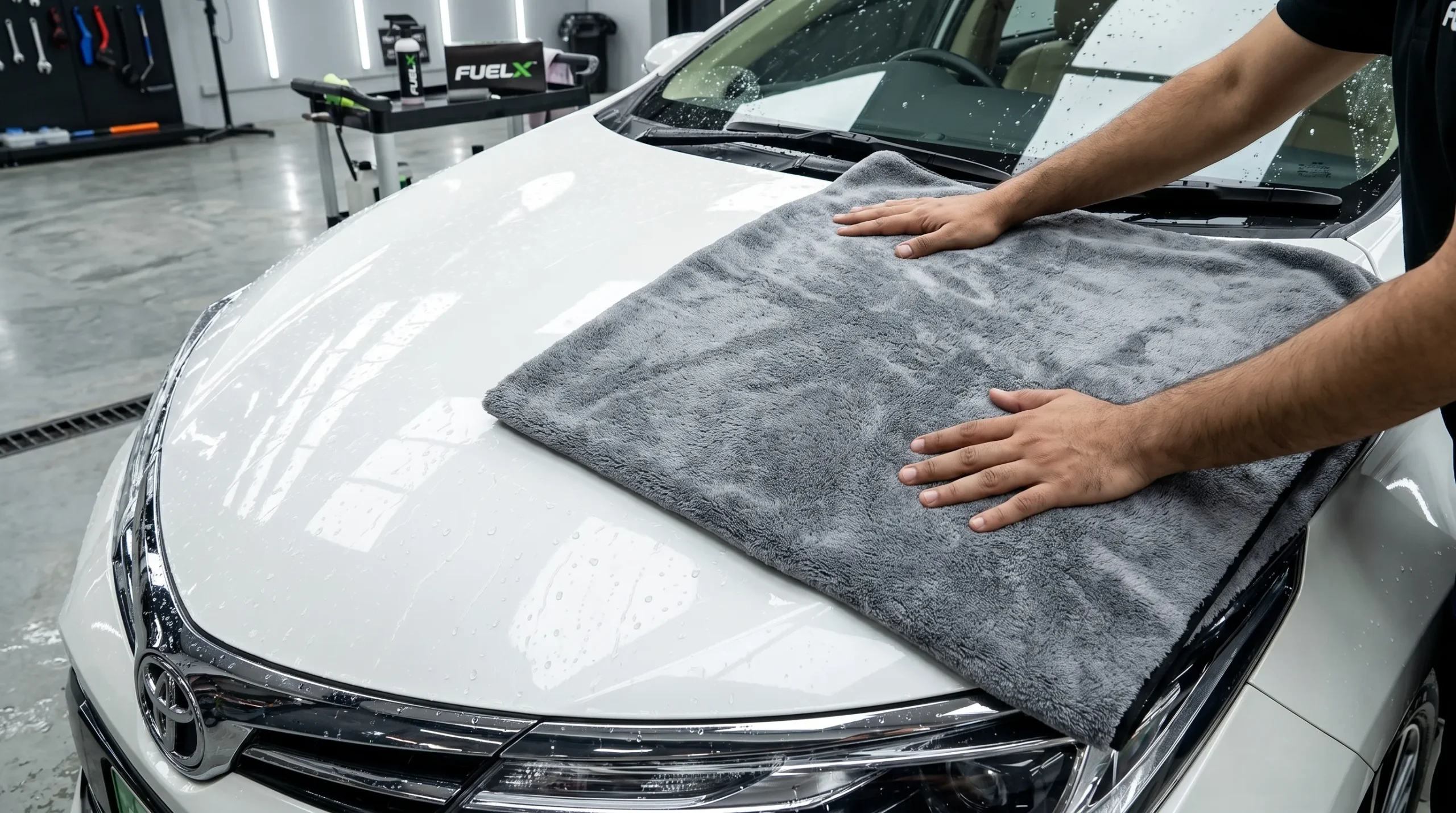 How to Remove Mud and Rainwater Stains From Your Car Drying a freshly washed car with a microfiber detailing towel
