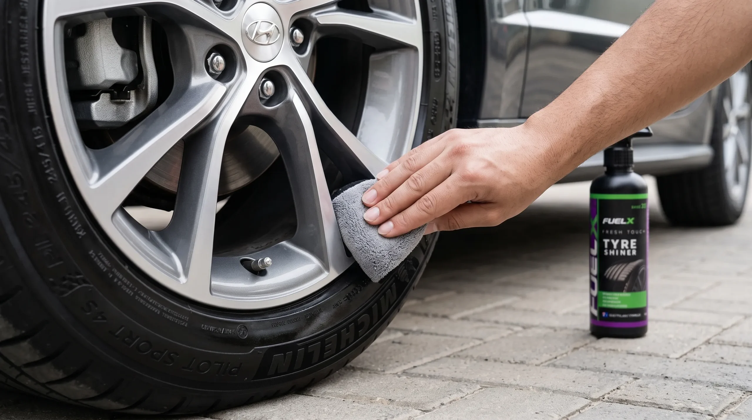 Best Car Cleaning Products for a Complete Home Car Wash Applying tyre shiner to a car tyre sidewall