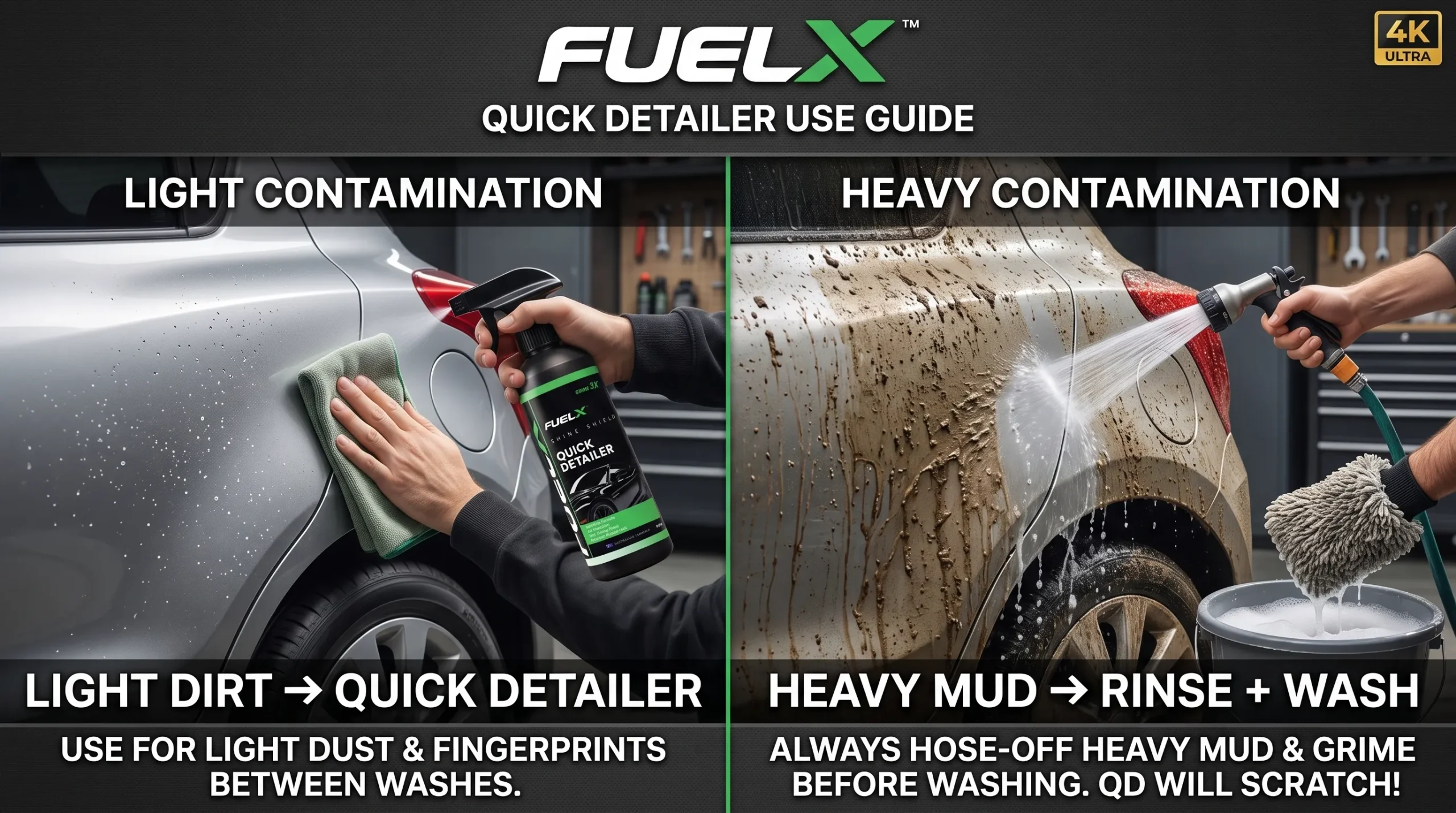When to use quick detailer versus washing heavy car mud