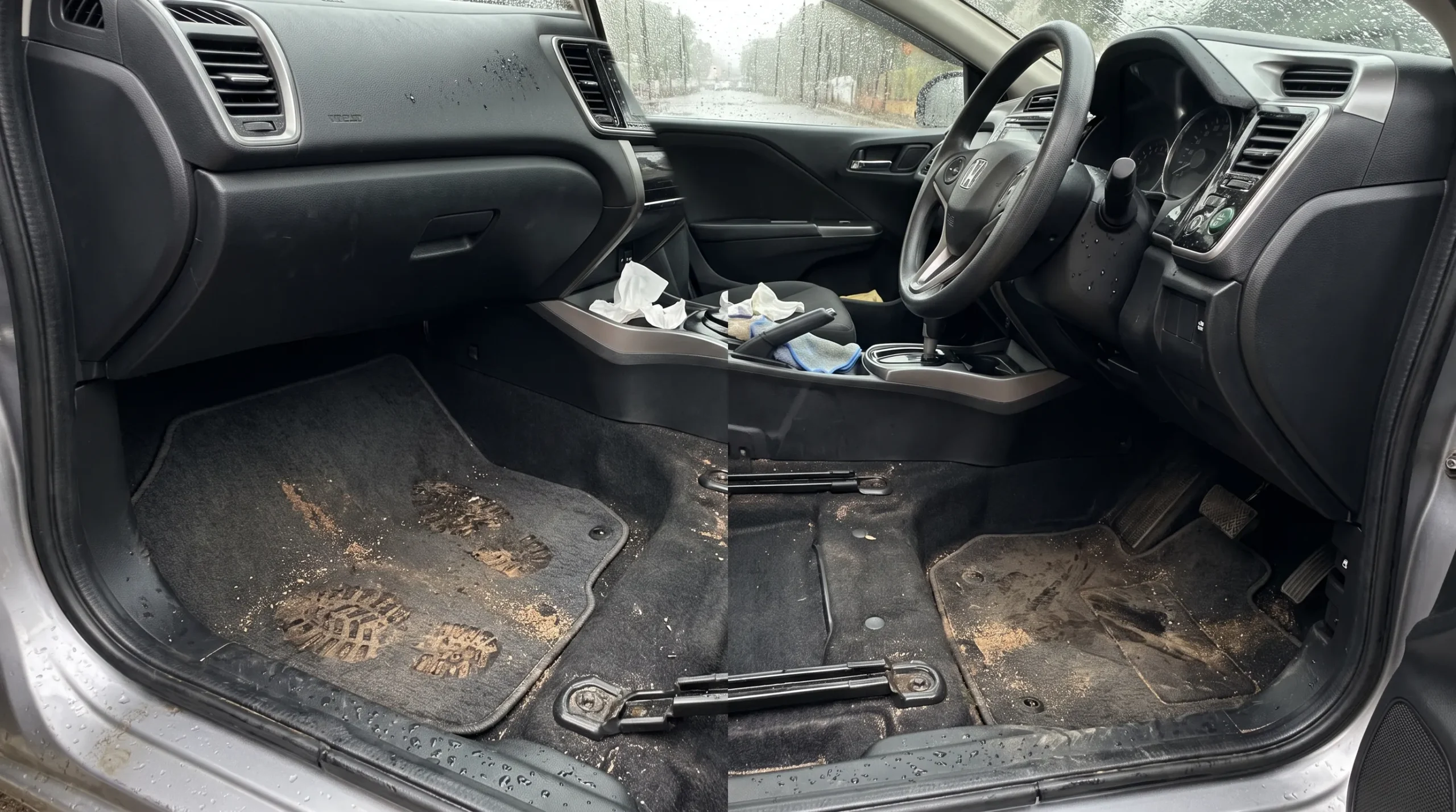 Wet and muddy car floor mats after monsoon rain scaled