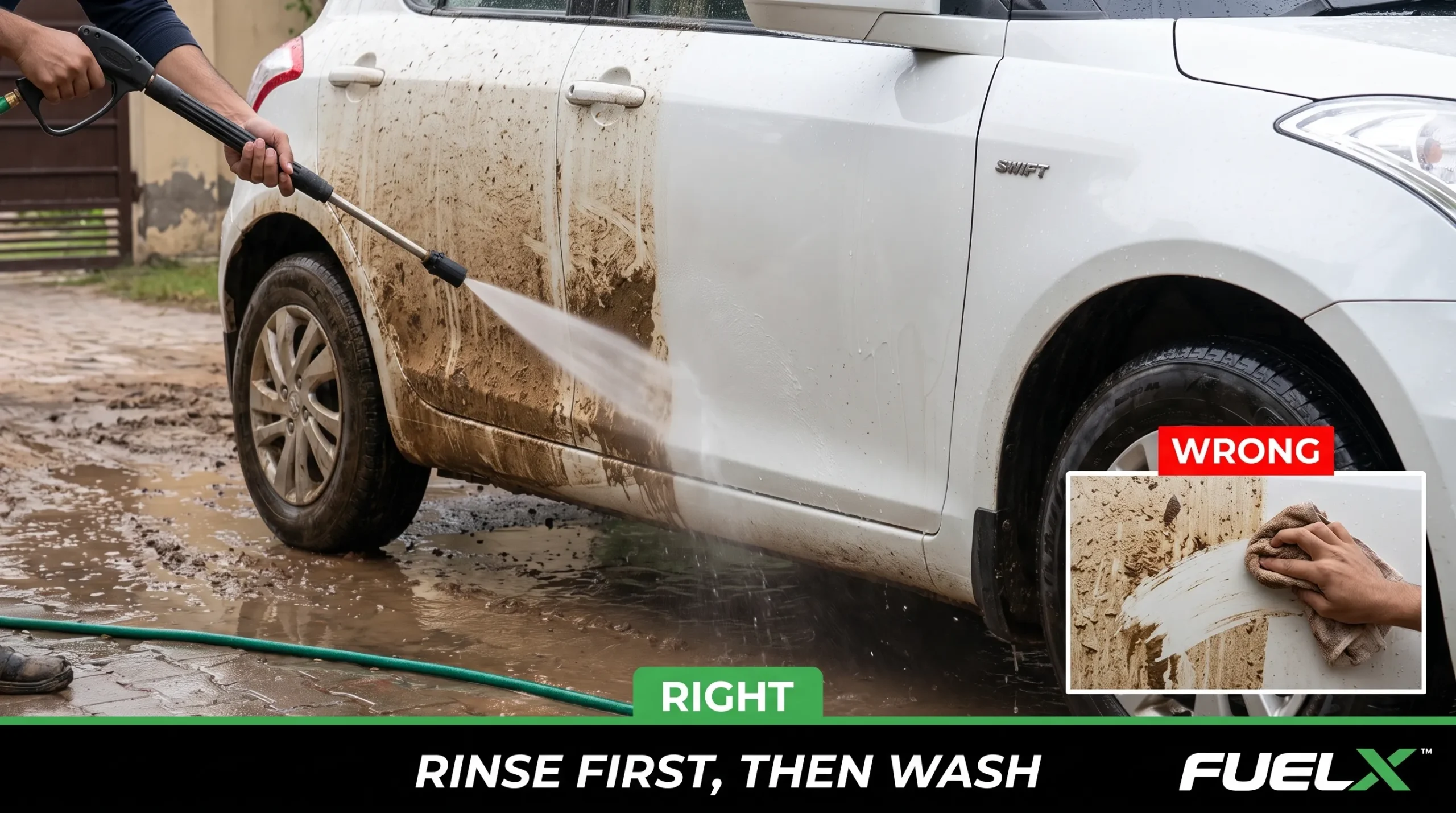 Car showing areas where monsoon road grime commonly collects