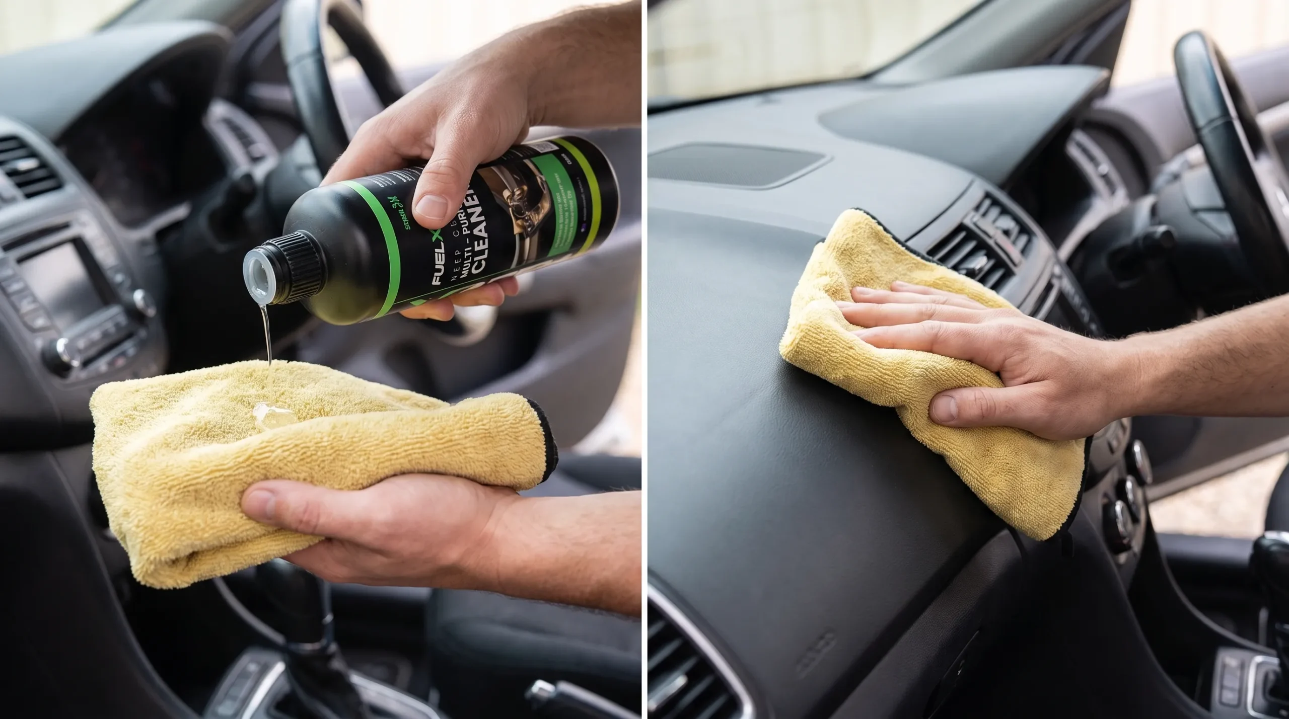 How to Clean Your Car Dashboard Without Damaging It Applying car interior cleaner to a microfiber towel before cleaning the dashboard