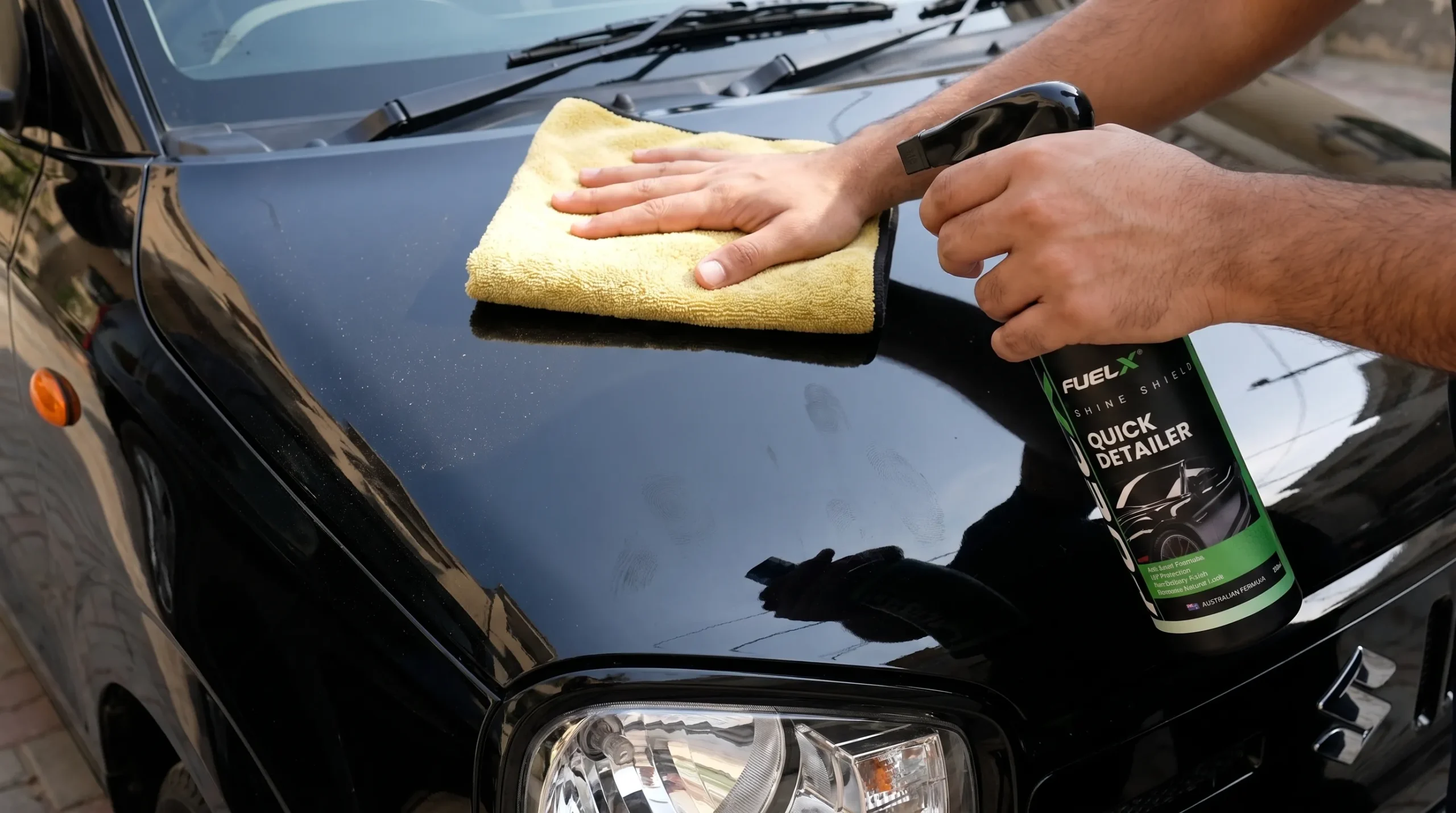 Quick Detailer vs Car Wax: What's the Difference? Using quick detailer spray with a microfiber towel on a car